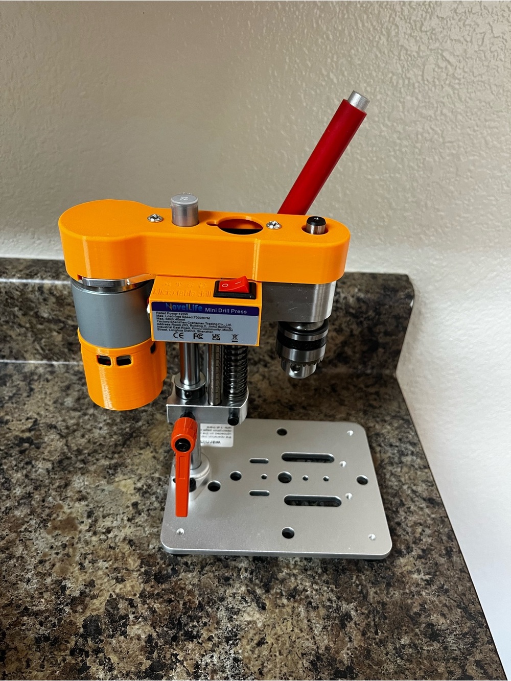 NovelLife Mini Drill Press — Orange Body with Red Handle